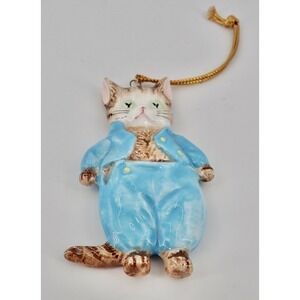 Vintage Ornament Schmid Porcelain Tan Kitten with Blue Clothing 1982